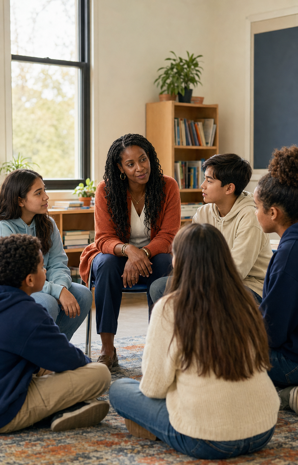 Educator in a calm, connected conversation with students